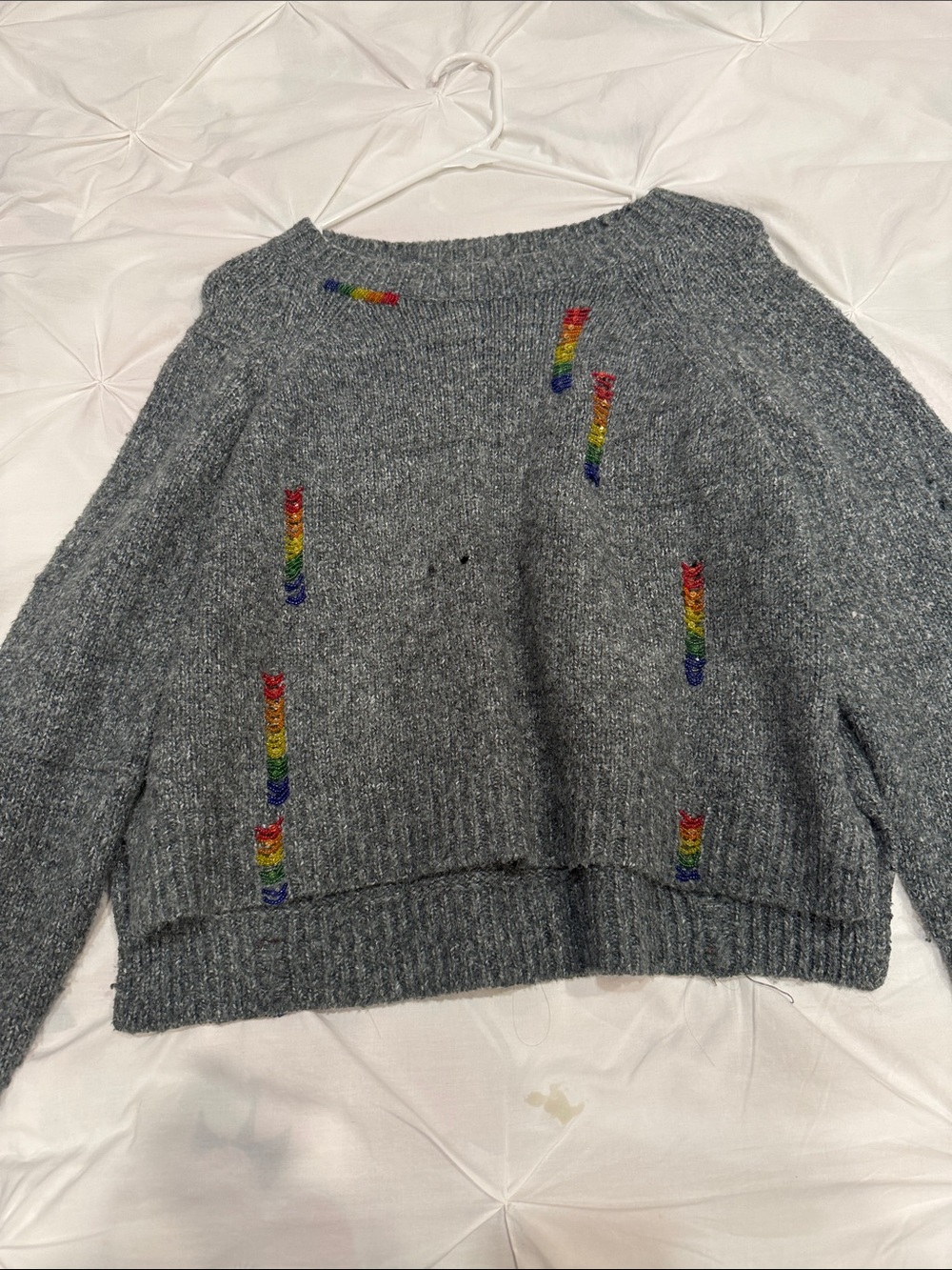 Honey Punch Gray Crewneck Sweater with Rainbow Stitch Stripes